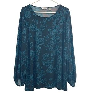 00060 - Susan Graver 2X Blouse Black Blue Floral Long Sleeve‎ Liquid Knit Top